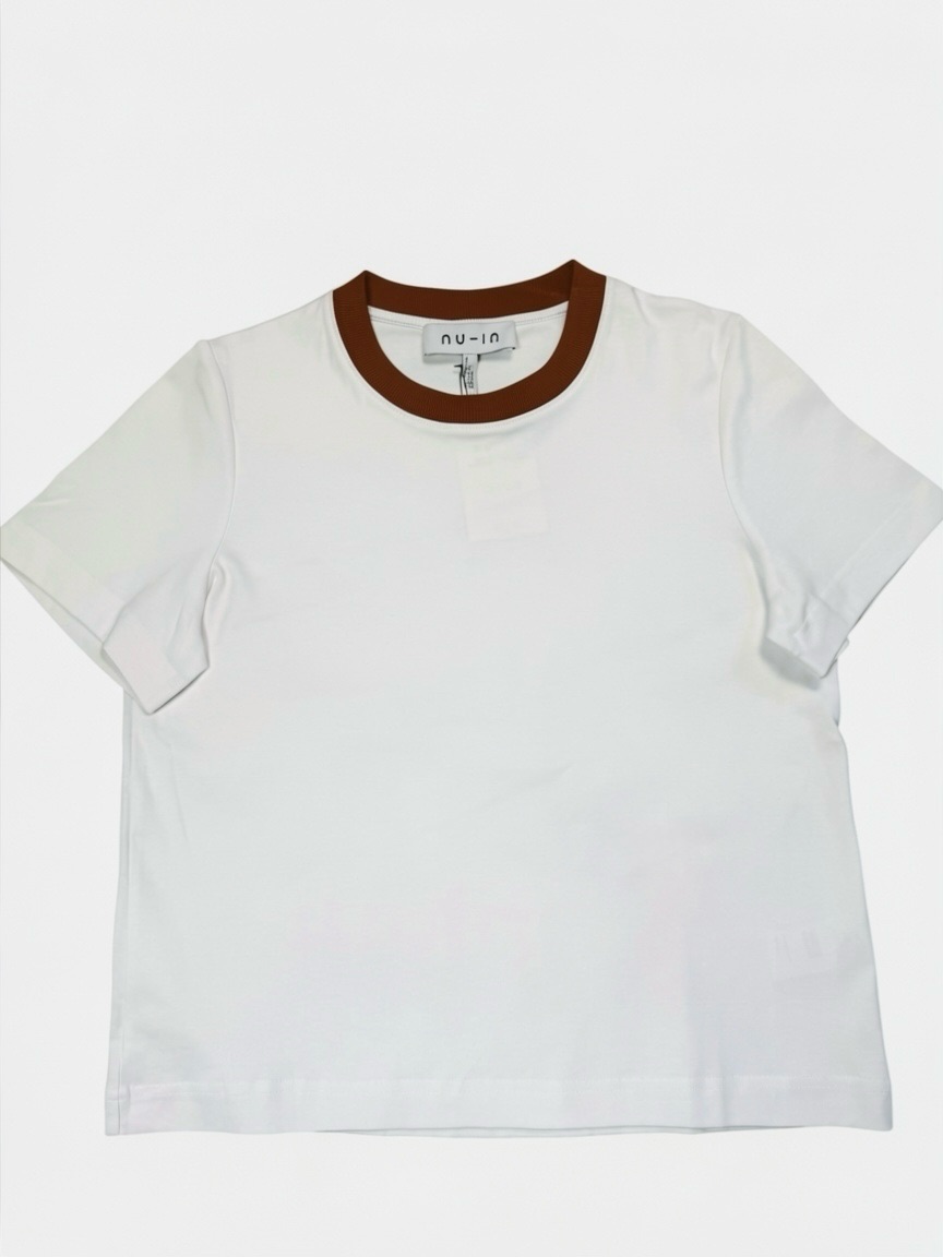 New Nu-In White Short Sleeve Tee With Brown Collar Made In Portugal Size M — image 2 of 8